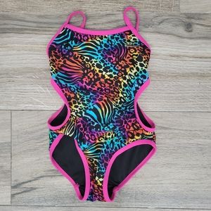 Xhilaration Cut Out One Piece Neon Rainbow Animal Print Swimsuit Girls 4 /5